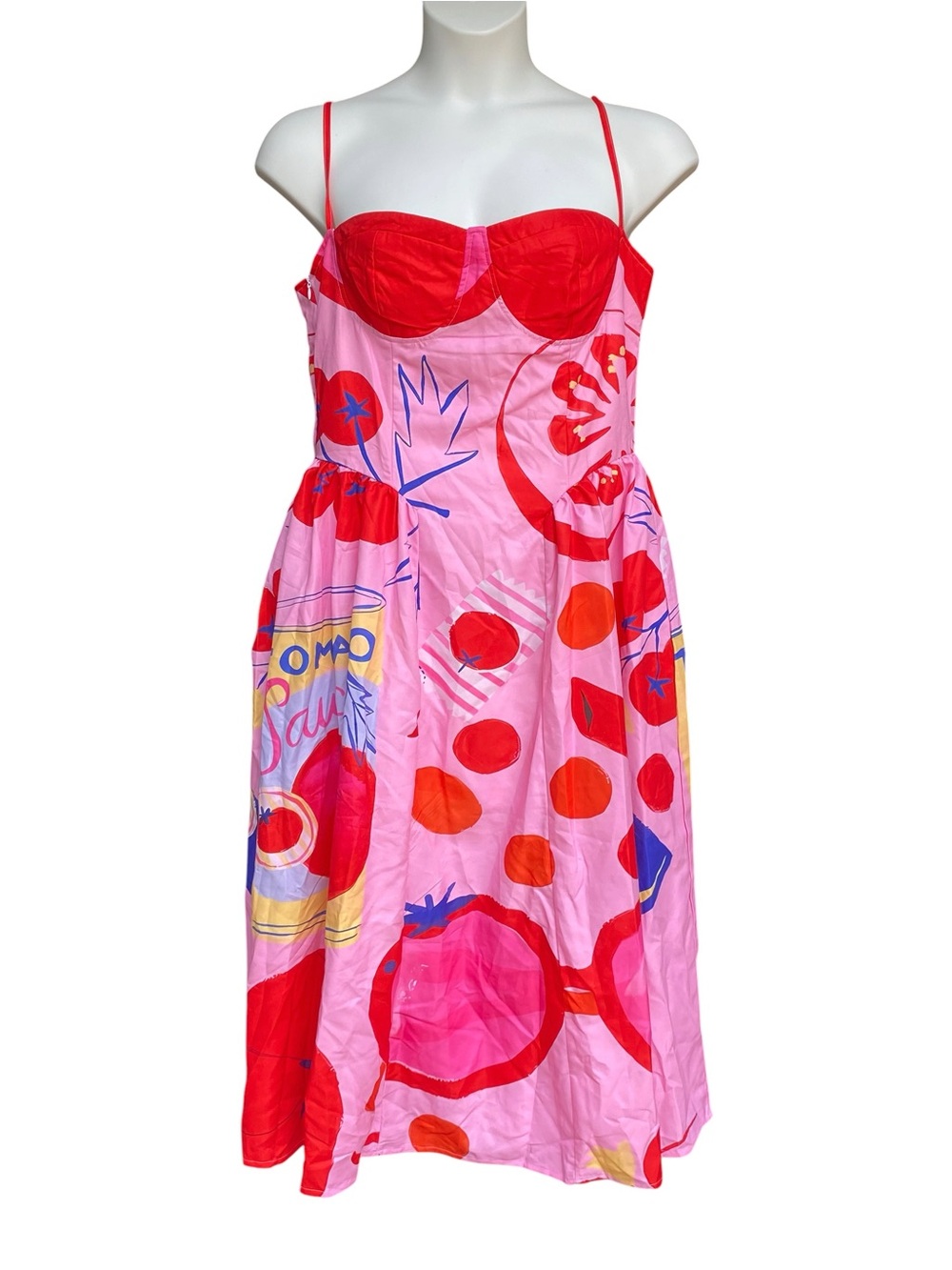Nice To Meet You Tomato Print Midi Dress Pink Red Womens Size XL New A Line